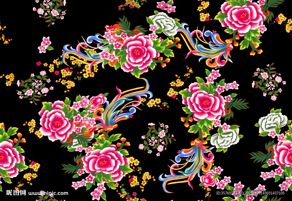 黑色底花卉多彩图案