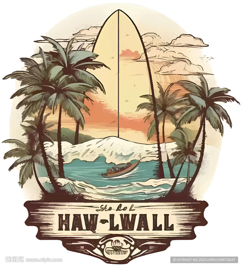 夏威夷冲浪风情插画