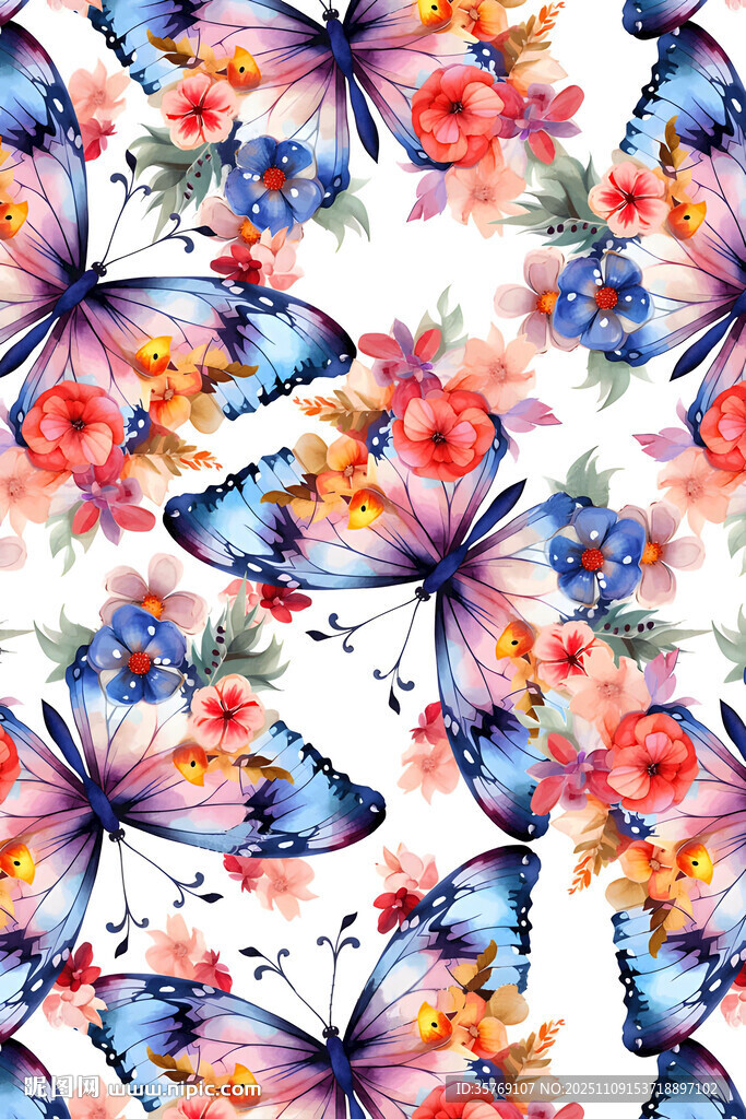 多彩蝴蝶花卉无缝图案