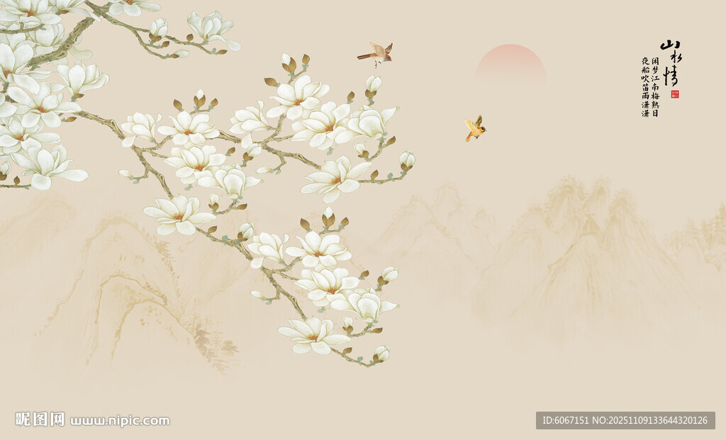 新中式工笔兰花花鸟画背景墙