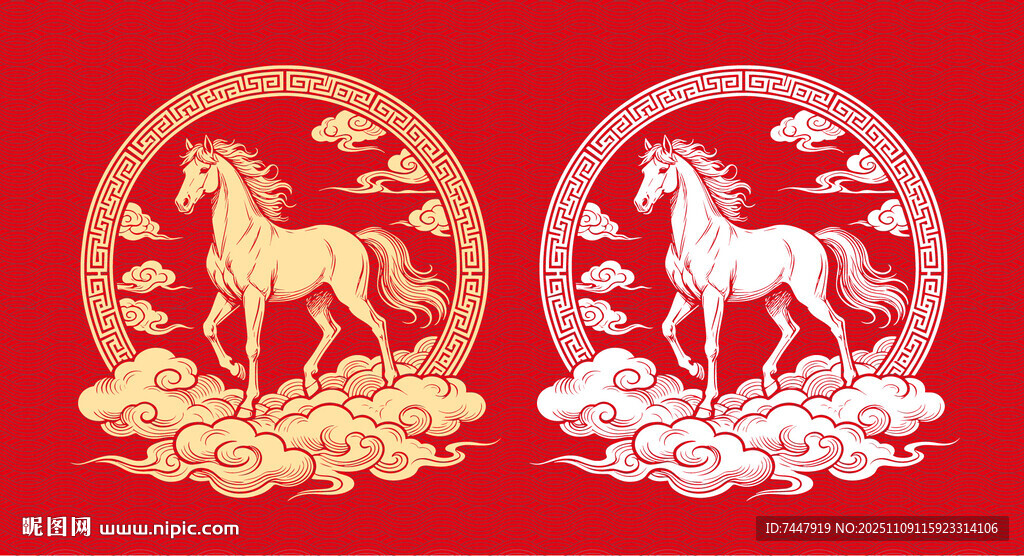 中式红底金纹奔腾骏马图