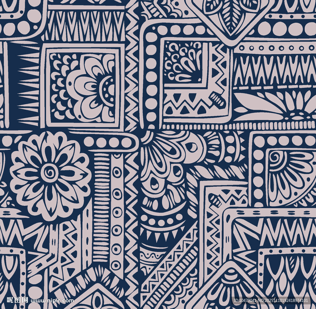蓝白几何花卉民族风图案