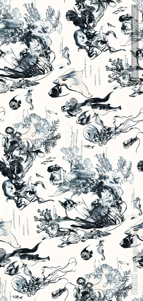 蓝白复古风海洋生物图案