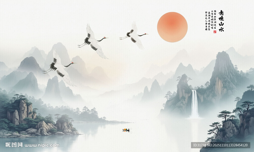 中式意境水墨山水仙鹤图背景