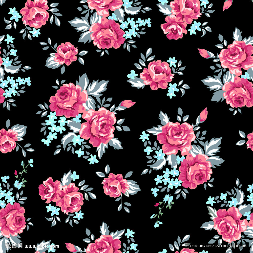 黑色背景粉色花卉图案