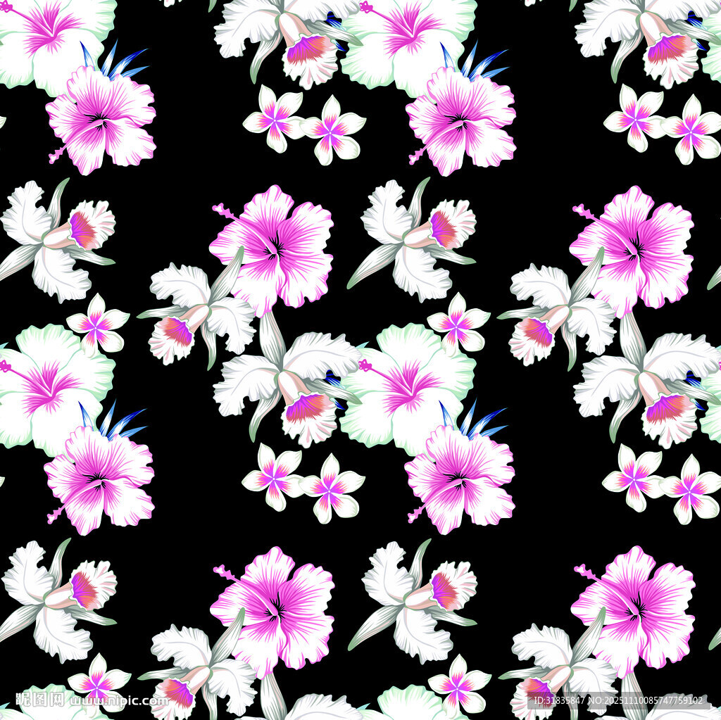 粉色花卉黑色背景图案