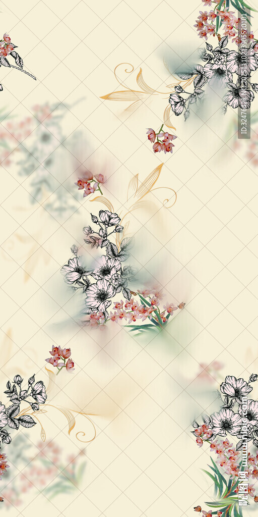 中式花鸟水彩纹理图案