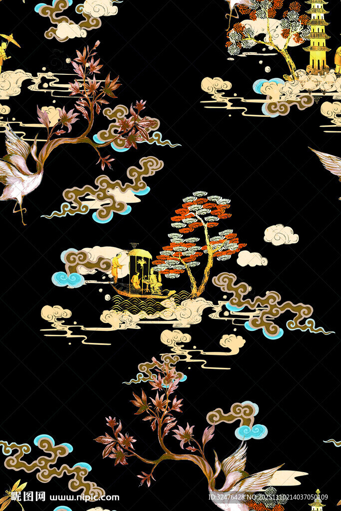 中式古典花鸟云纹图案