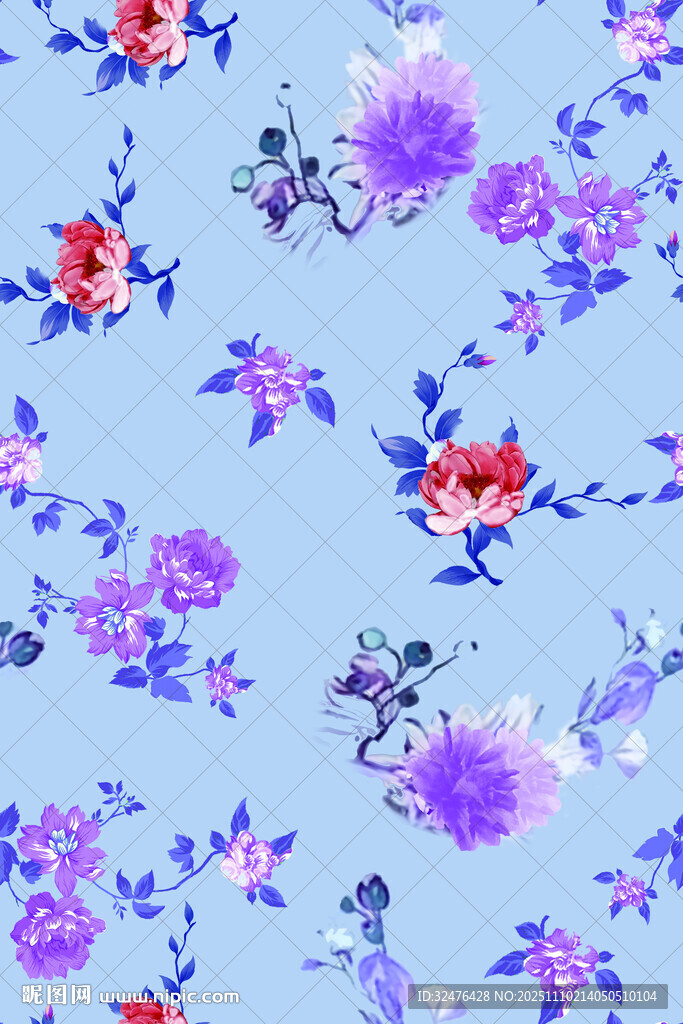 蓝色底花卉图案印花设计