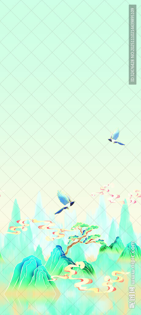 梦幻山水间飞鸟嬉戏图