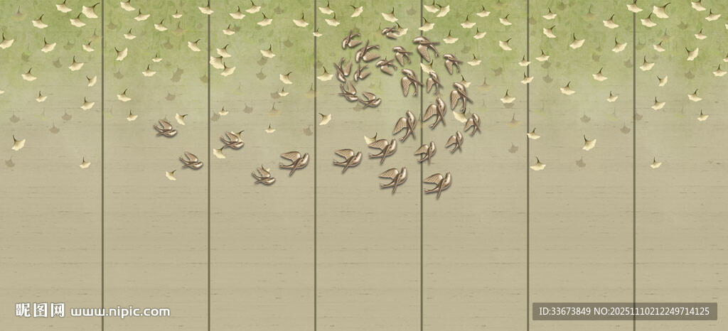 银杏叶飞鸟背景墙