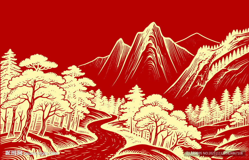 中式红金线条山水画