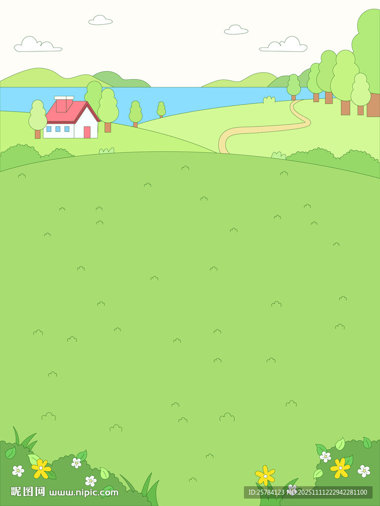 卡通春季乡村田园湖泊自然风景