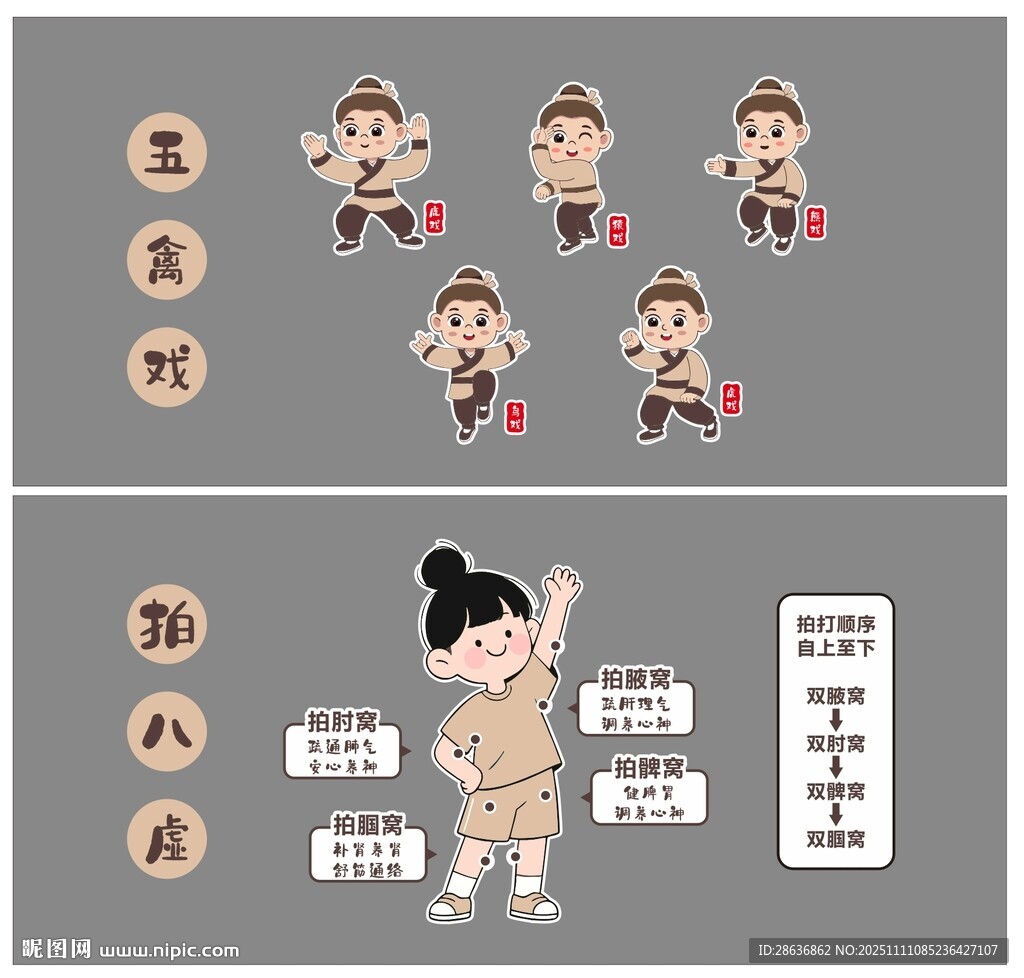 卡通五禽戏拍八虚文化墙