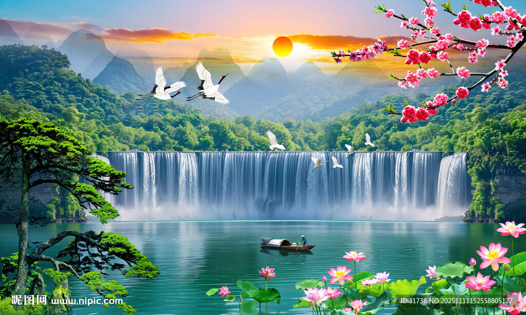 流水生财瀑布背景墙