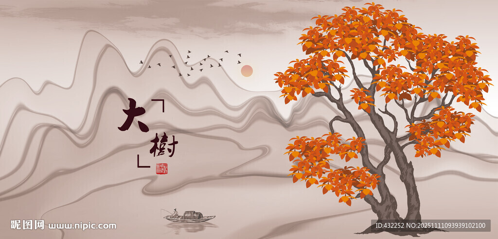 秋景山水间的孤树飞鸟