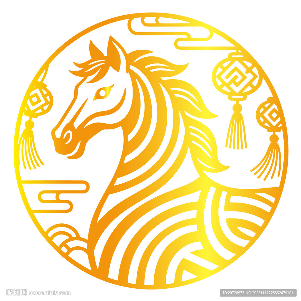 圆形金色马年剪纸