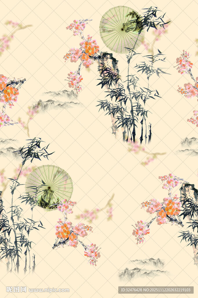 中式水墨风花卉飞鸟图案