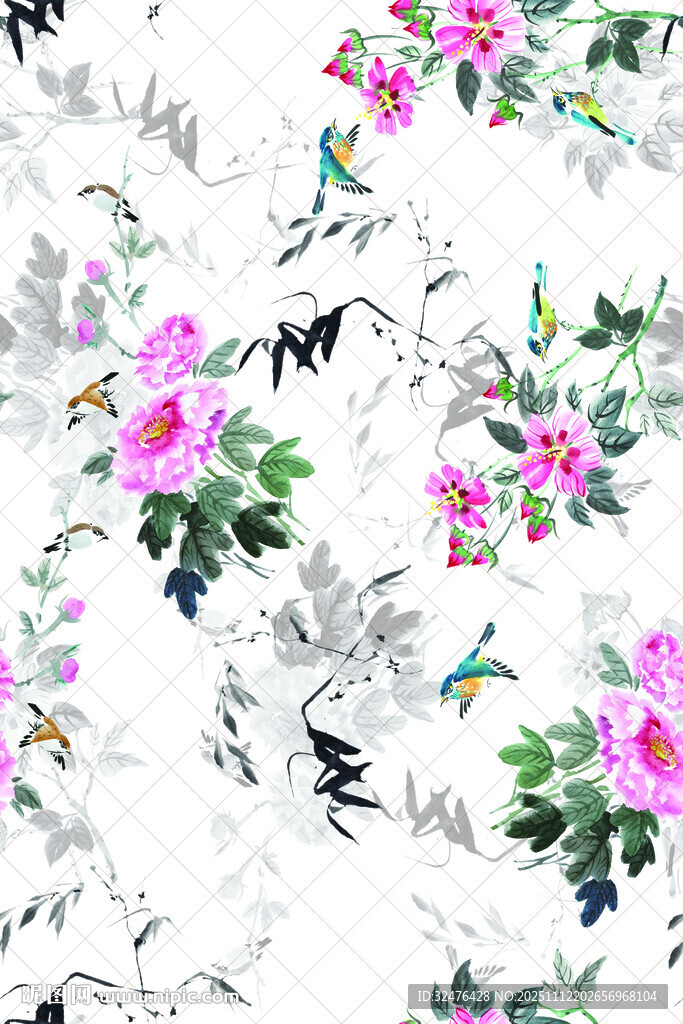 花卉飞鸟水彩图案背景