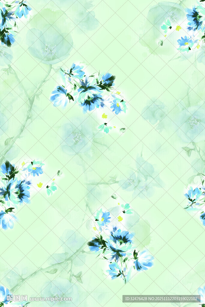 淡绿色底蓝花水彩图案