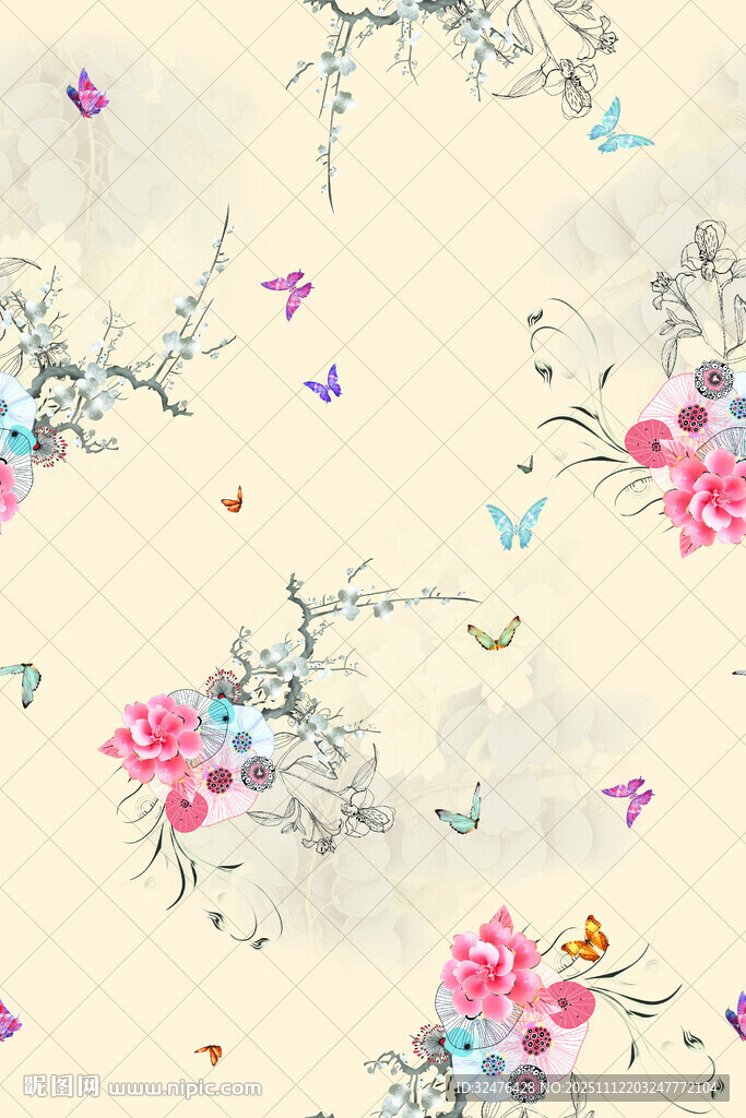 花卉飞鸟图案的唯美背景