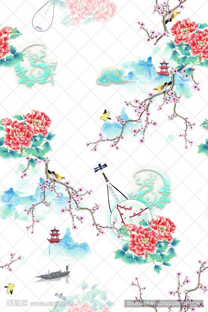 中式花鸟水彩图案设计