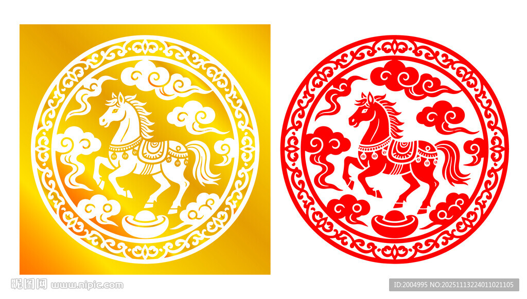 圆形马年剪纸金色马窗花
