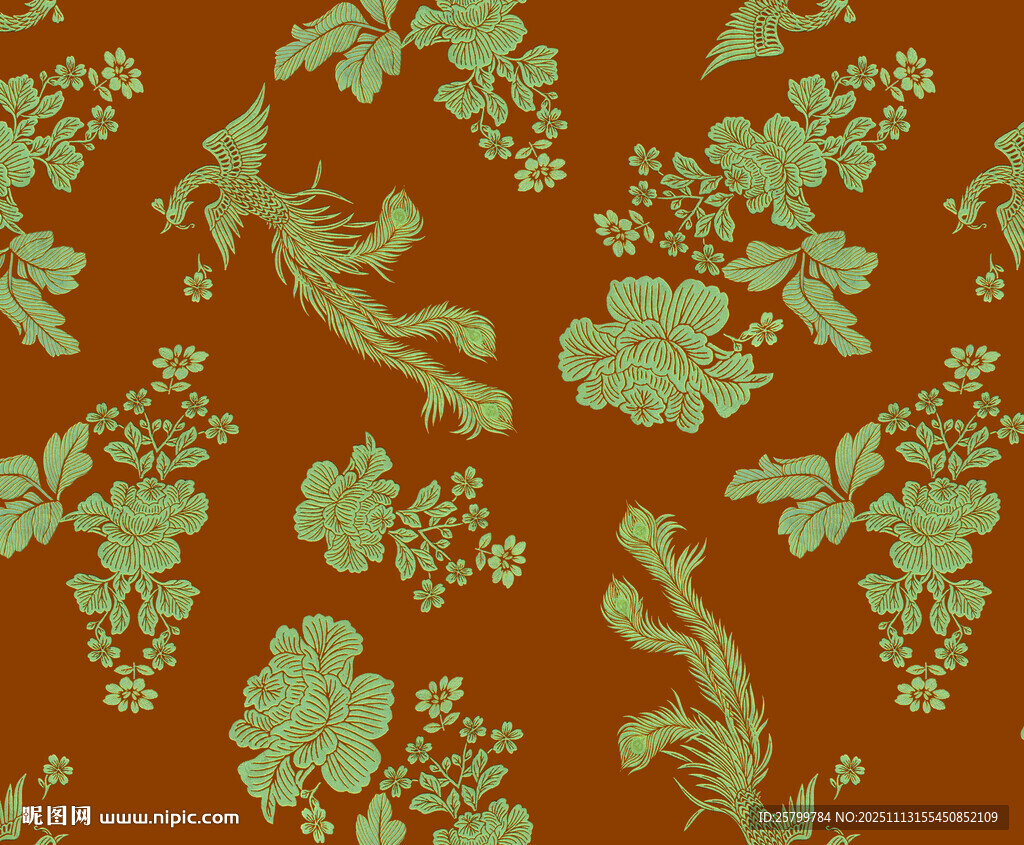 橙底绿纹中式花鸟图案