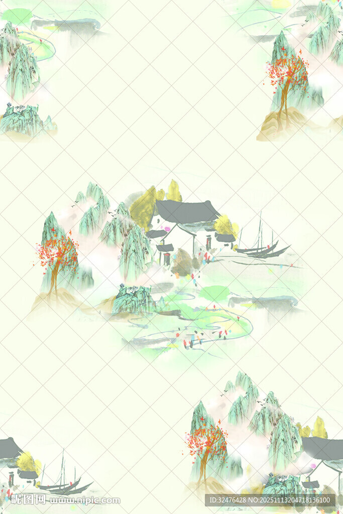 中式山水风景无缝图案