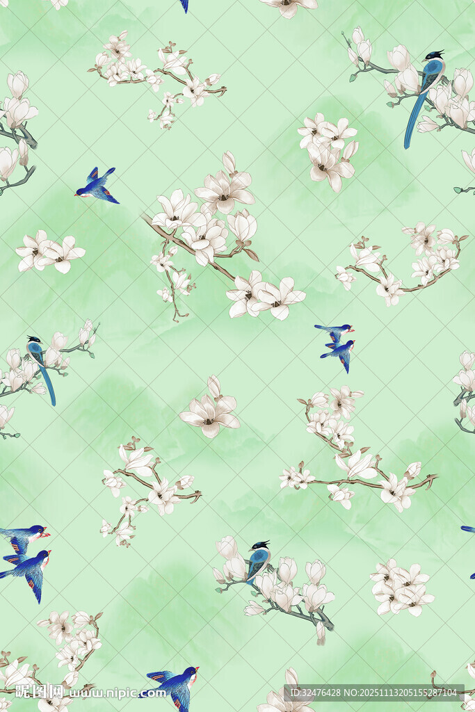 绿底花鸟图案设计素材