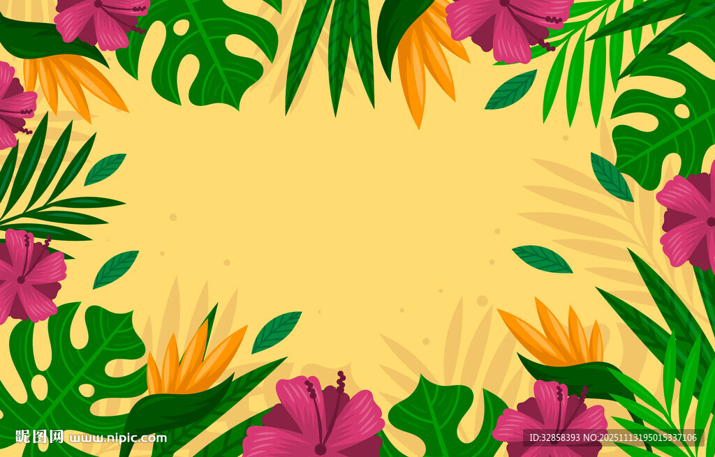 热带花卉绿叶边框背景