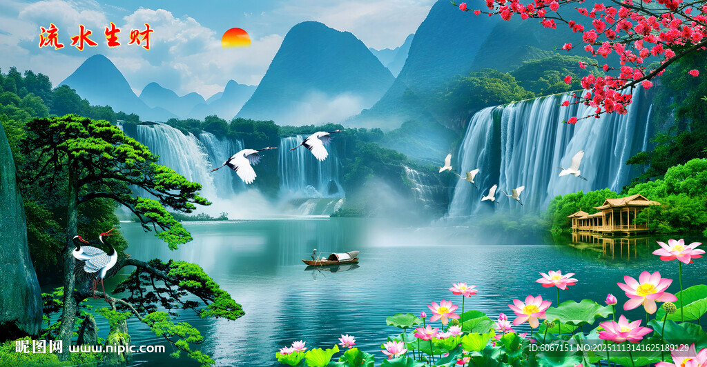 流水生财瀑布山水画