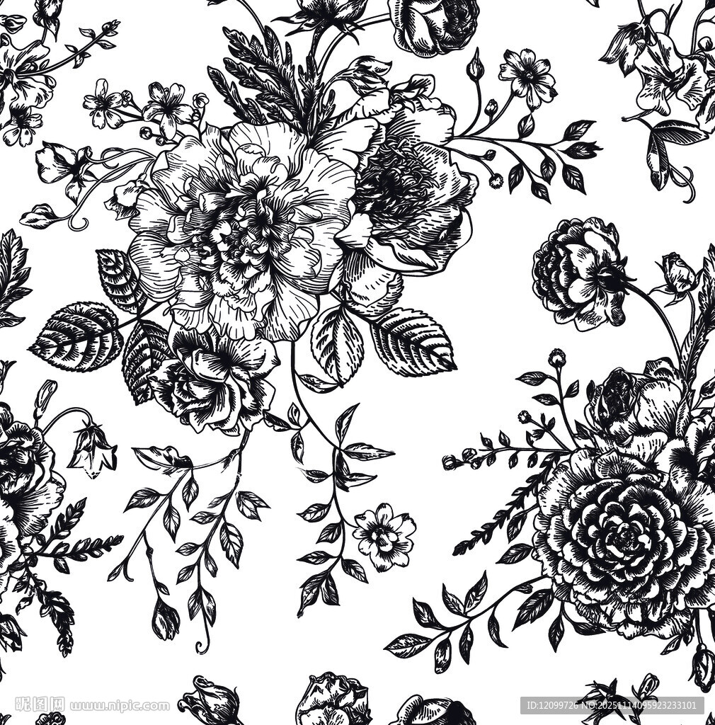 线条花朵数码印花 玫瑰花