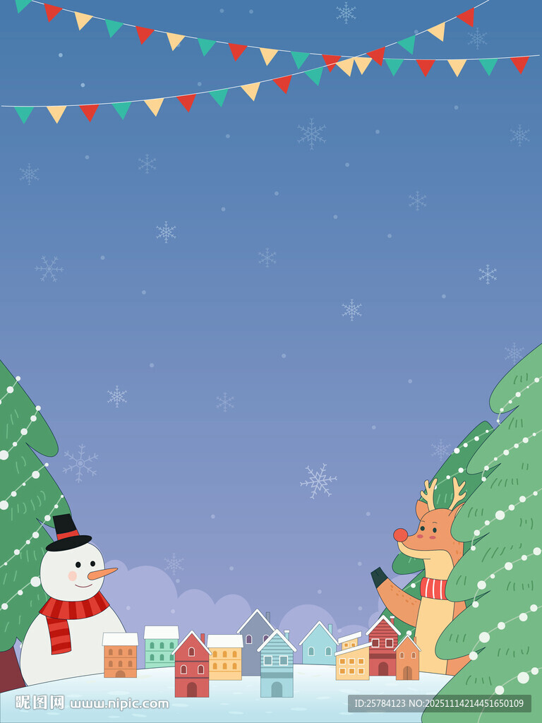 雪天冬季圣诞节圣诞树驯鹿插画