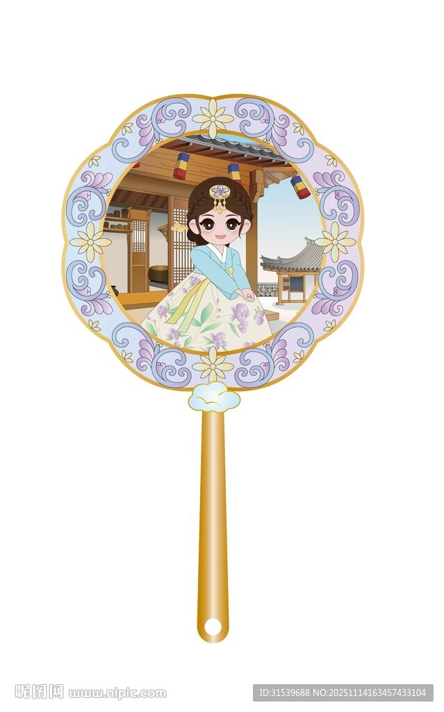 冰箱贴扇子女孩古建筑矢量图