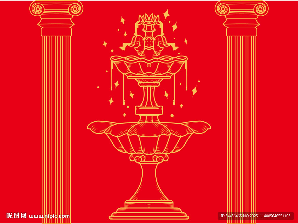 红色背景金色古典喷泉图案