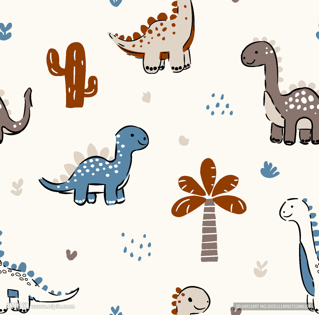 可爱恐龙与植物卡通图案