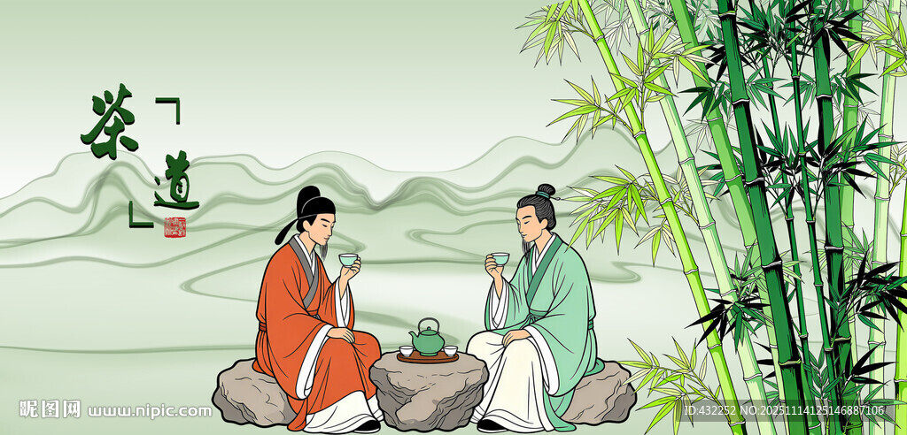 古人竹林对坐品茶图