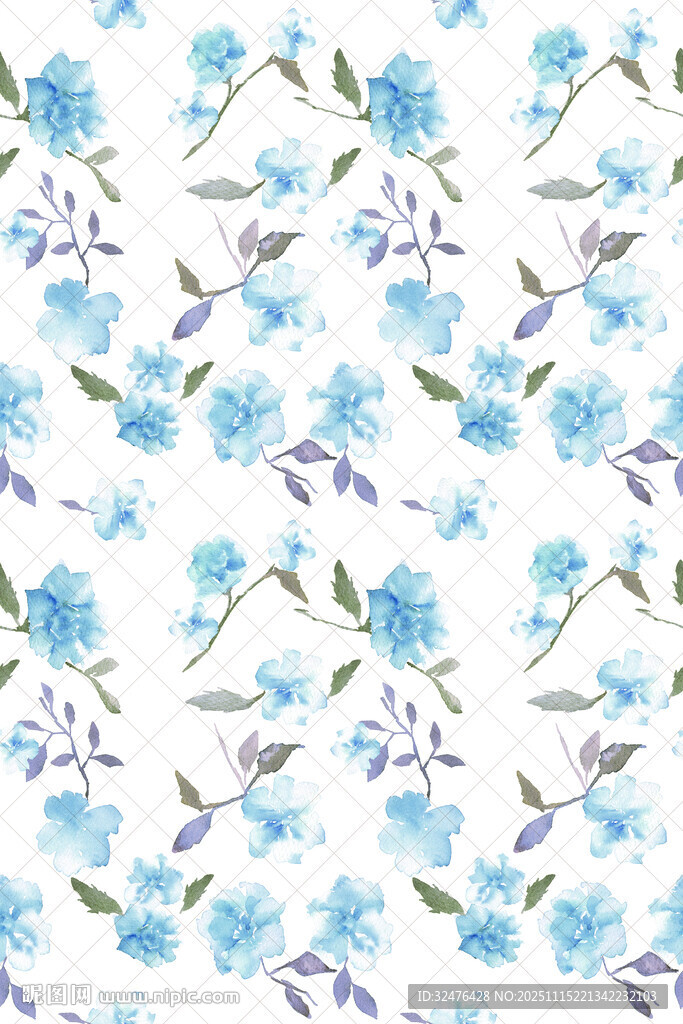 蓝白花卉水彩无缝图案