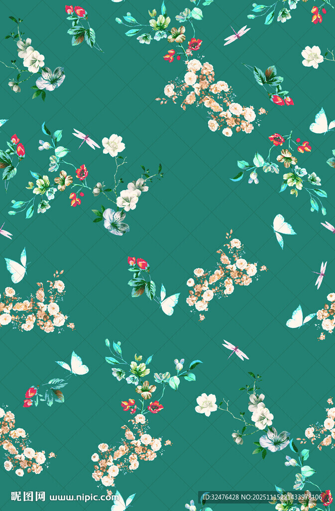 绿色底花卉飞鸟图案纹理