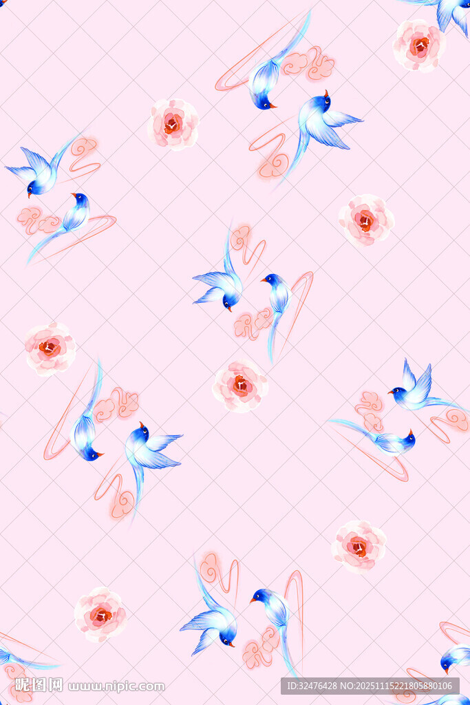 粉色背景小鸟花朵图案