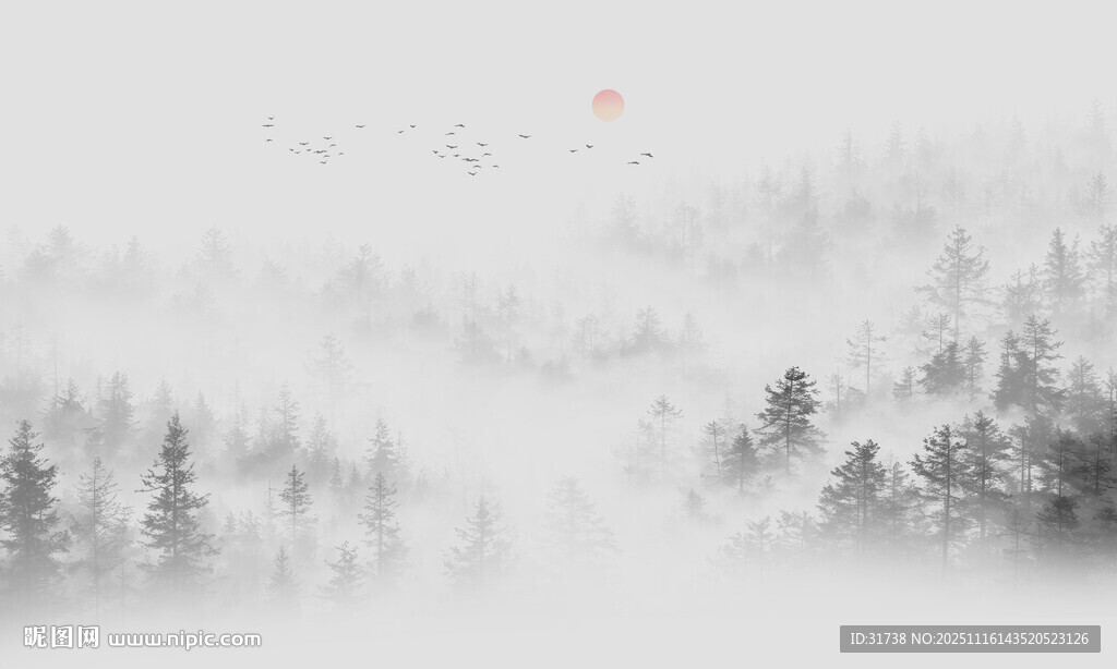 新中式森林水墨山水背景墙