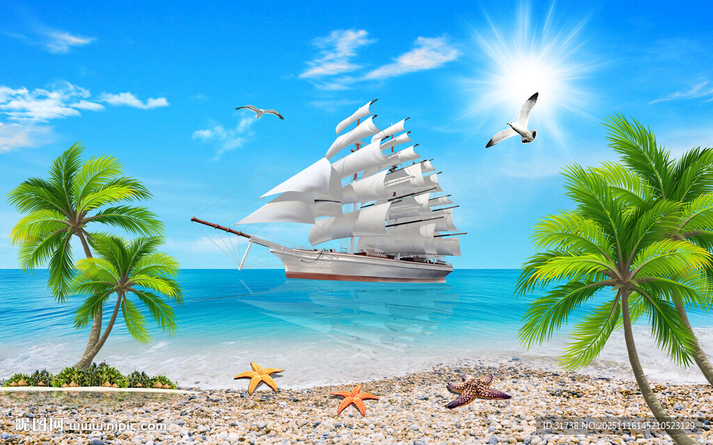 蓝天大海沙滩椰树背景墙