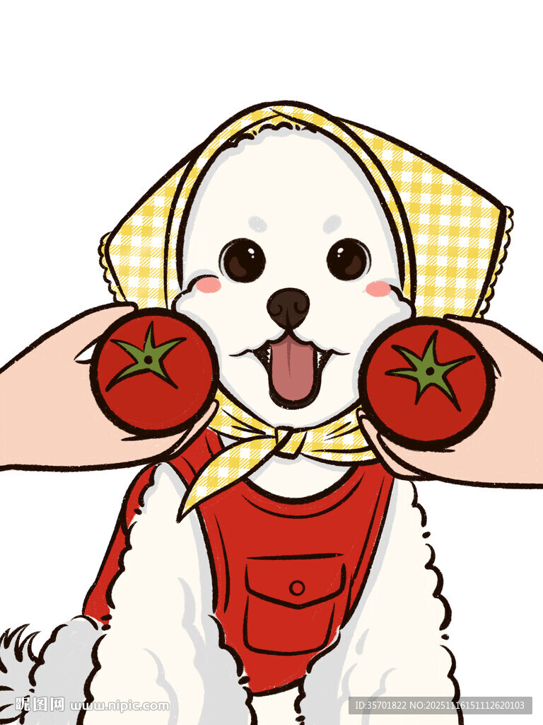 穿围裙拿番茄的可爱小狗