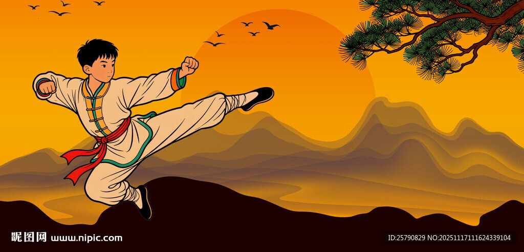 武术少年夕阳下展英姿