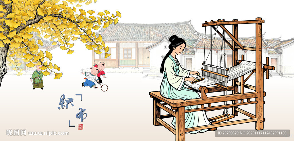 古代女子织布场景