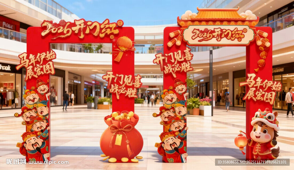 马年新年门头开门红门楼美陈