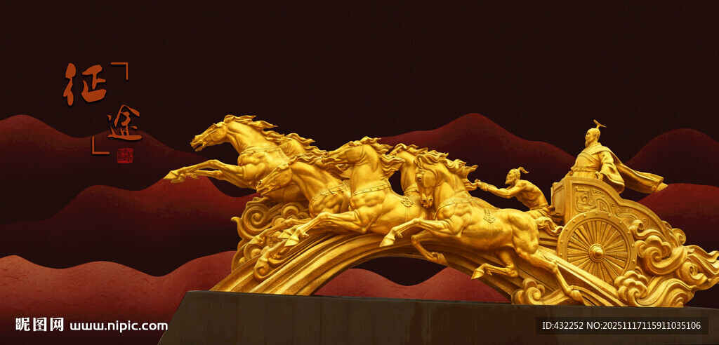 金色骏马雕塑战车