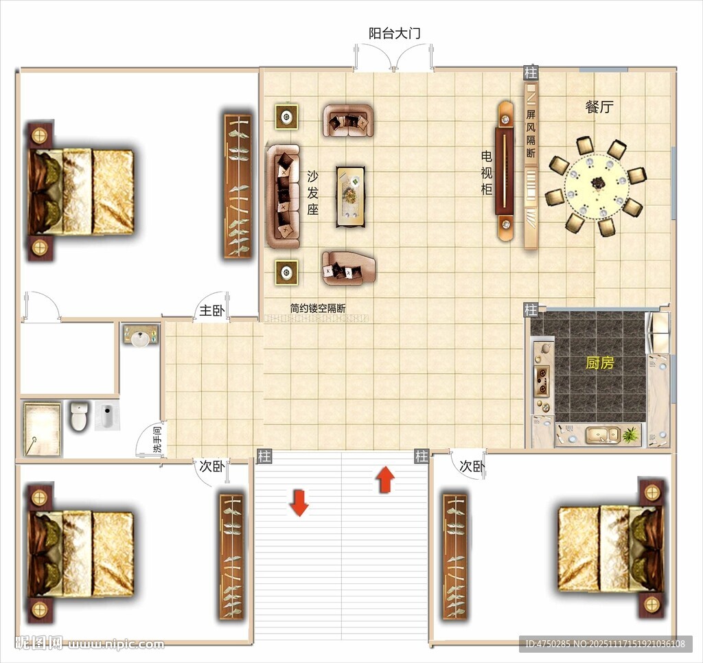 简约三室户型平面图