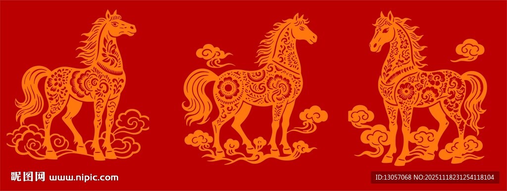 三匹金纹骏马红色背景图